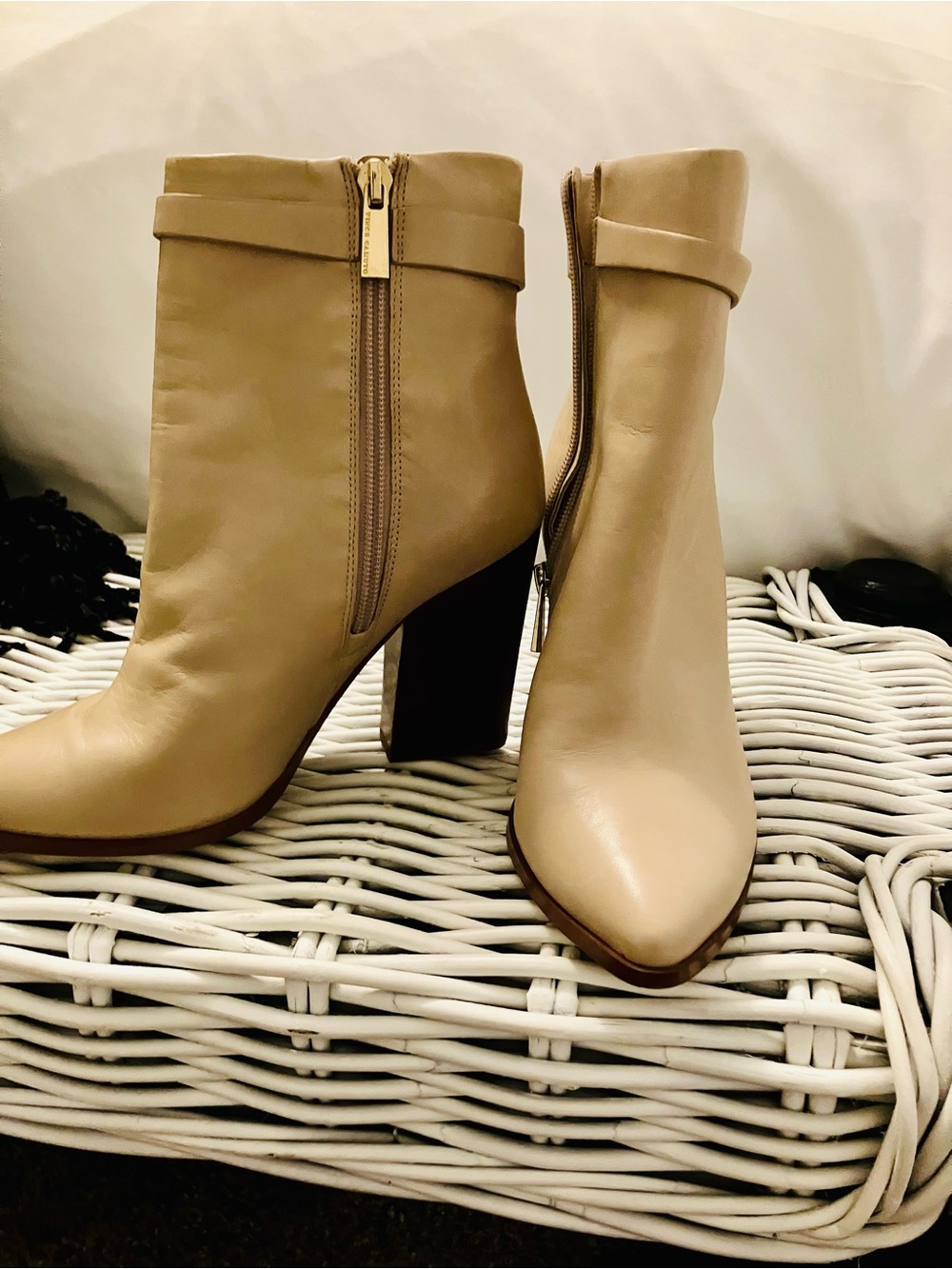 Vince Camuto Taupe Leather Ankle Boots with Block Heel